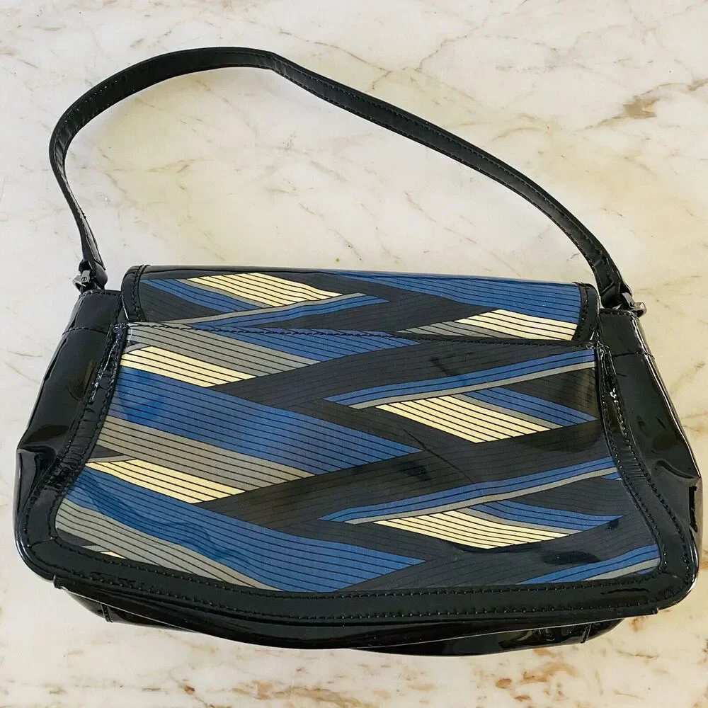 TORY BURCH Blue Black Stripe Patent Leather Shoulder Bag